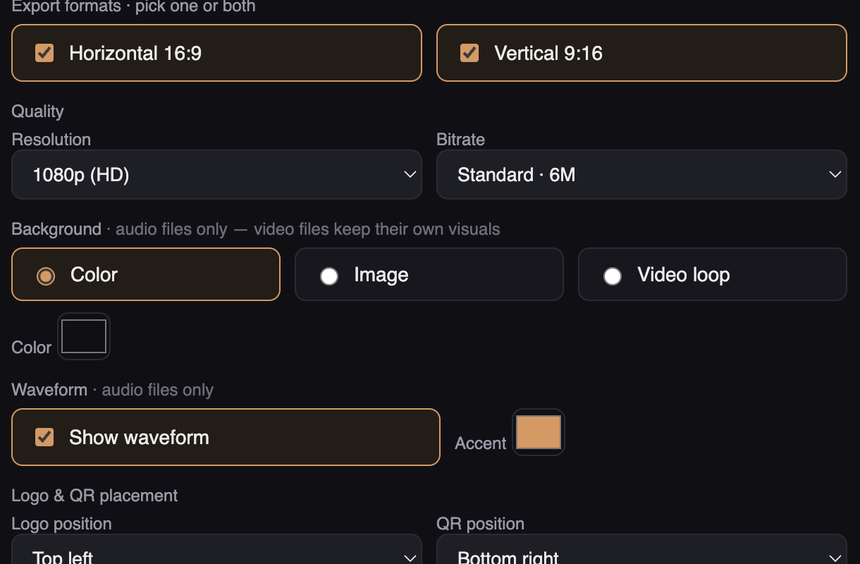 BrandCast quality, background, waveform and logo/QR placement controls