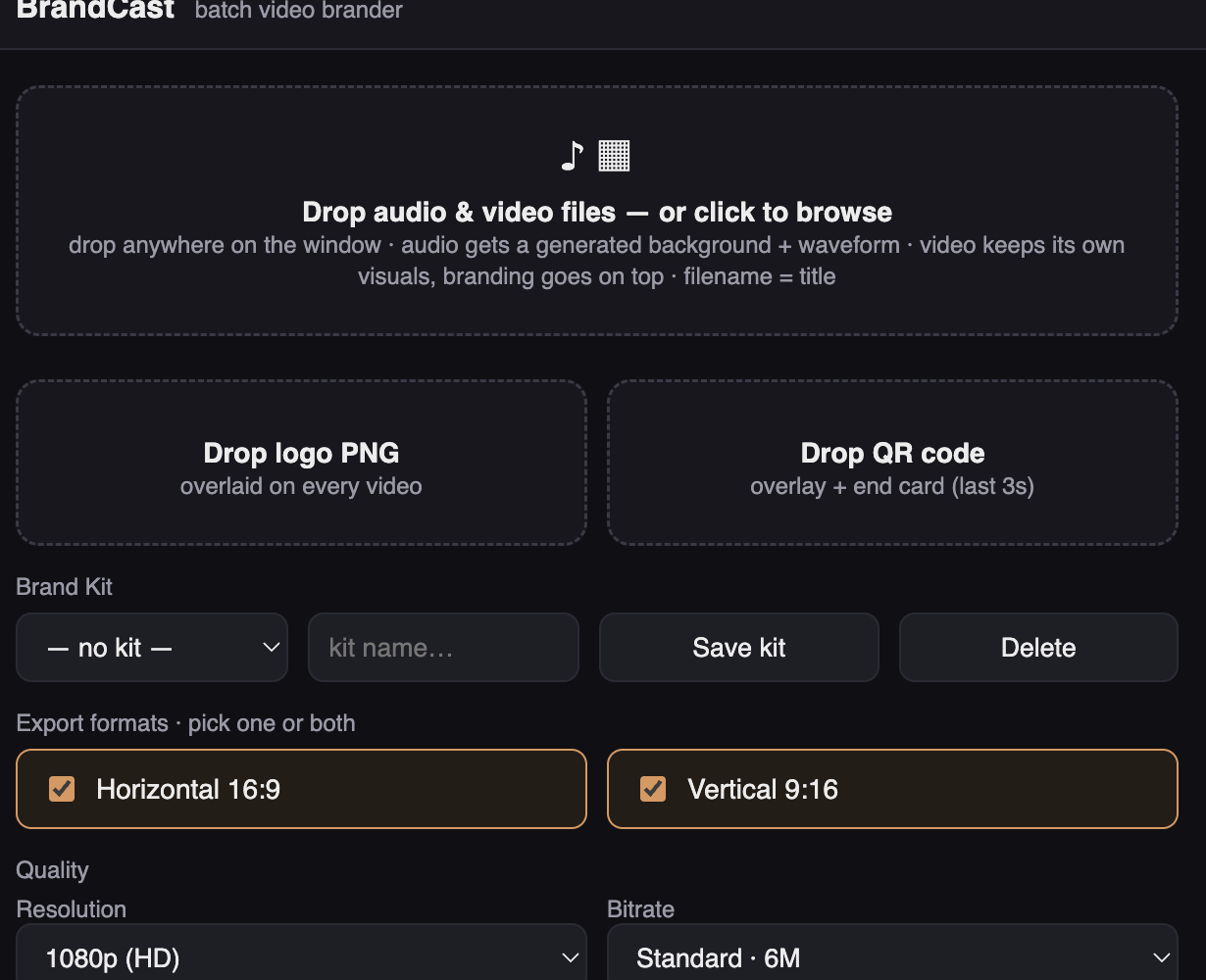 BrandCast drop zones for audio files, logo PNG and QR code, with brand kit controls and export format checkboxes