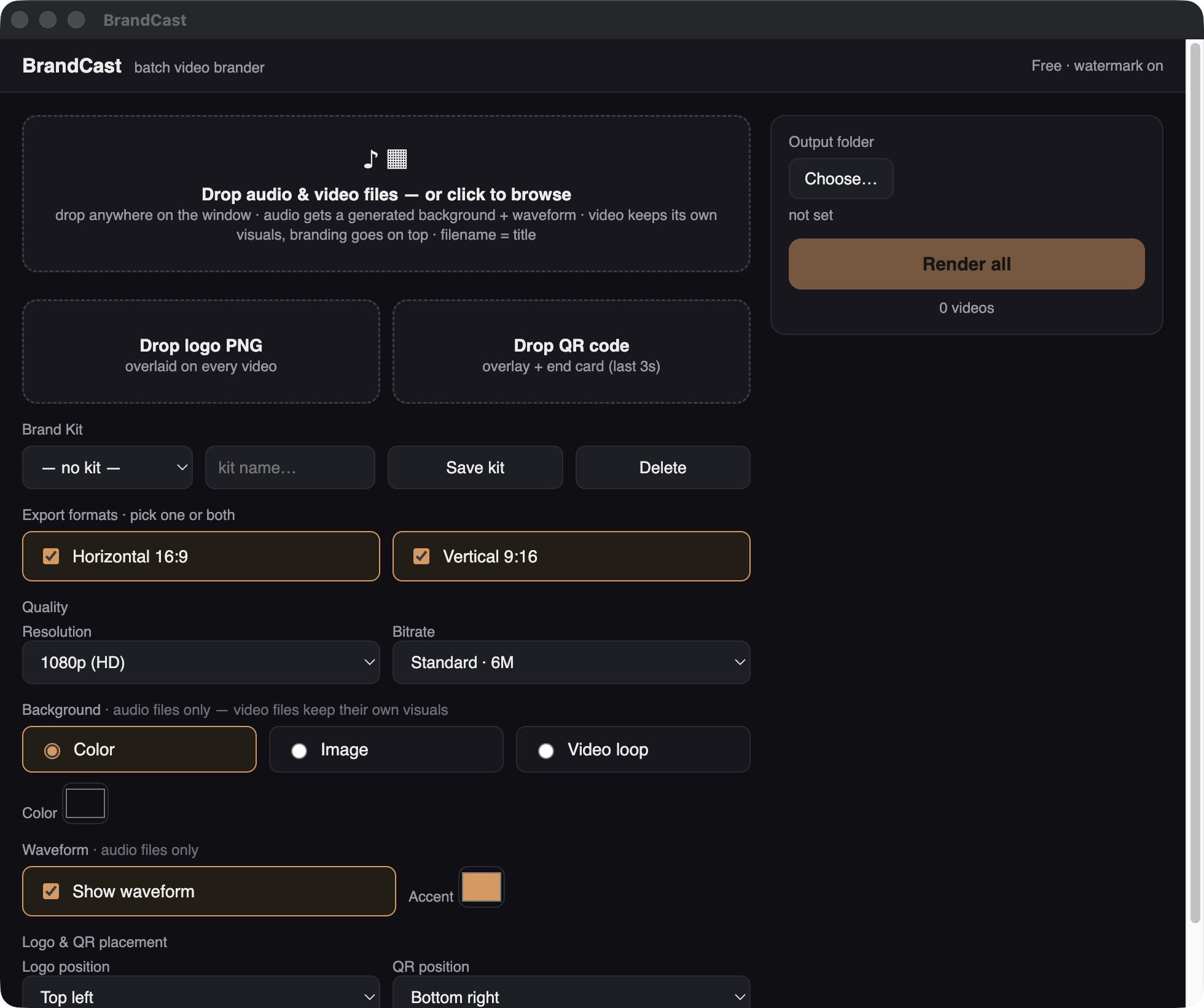 The BrandCast app window: a drop zone for audio and video files, logo and QR drop targets, brand kit selector, export format checkboxes and a Render all button